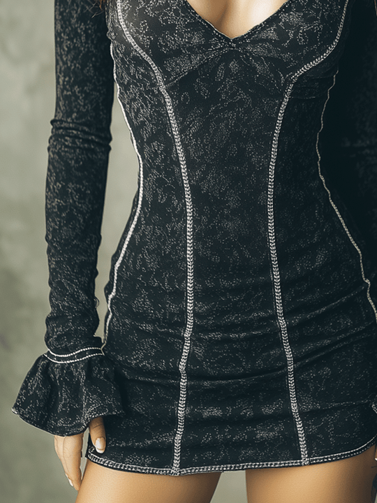 Elegant Velvet Flared Cuffs Bodycon Mini Dress