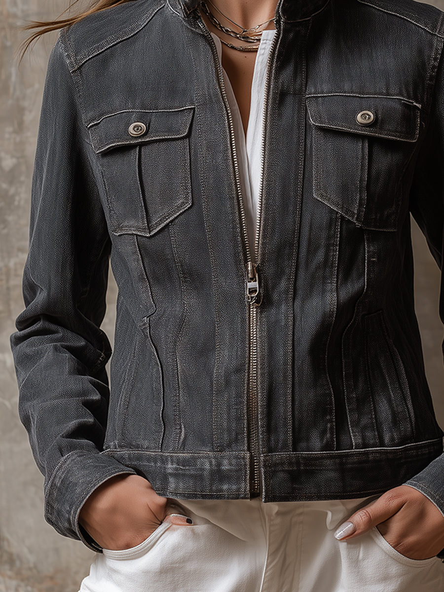 Boho Washed Stand Collar Straight Denim Jacket