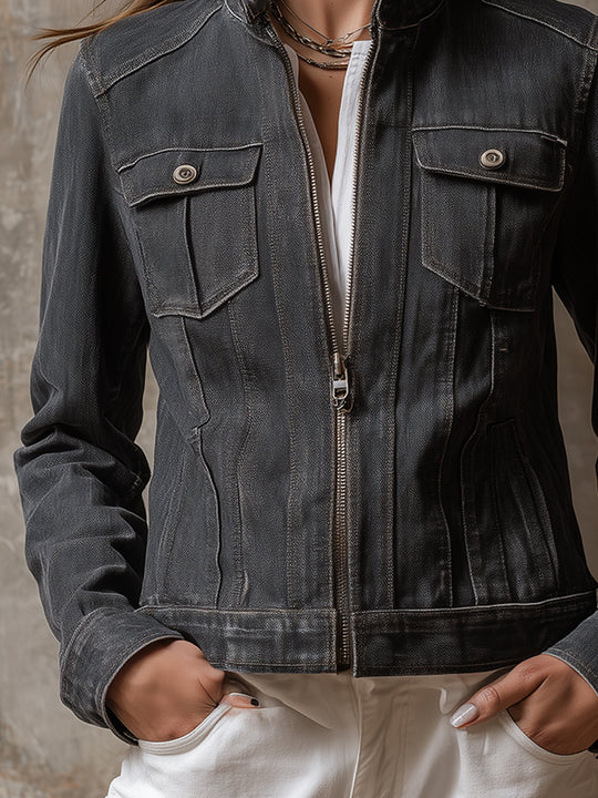 Boho Washed Stand Collar Straight Denim Jacket