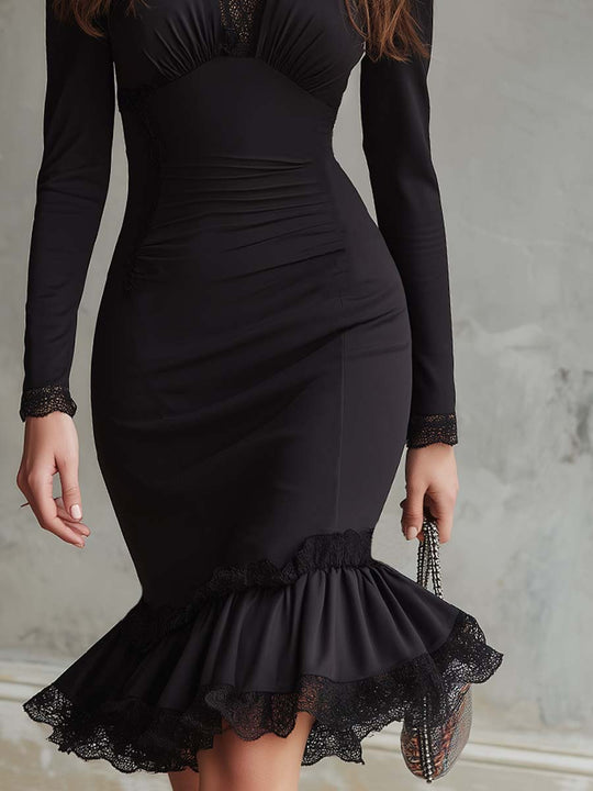 Vintage Keyhole Neck Lace Trim Midi Dress