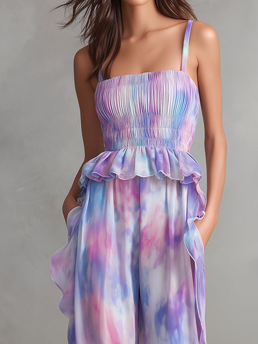 Boho Pastel Cloud Print Smocked Top And Ruffled Pants Set