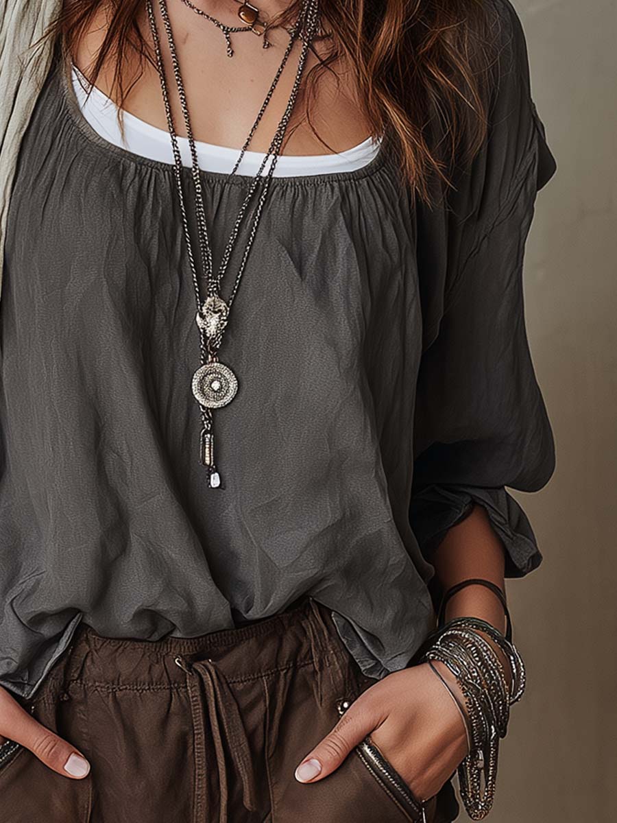 Retro Contrasting Collar Flared Cuffs Cotton Linen Blouse