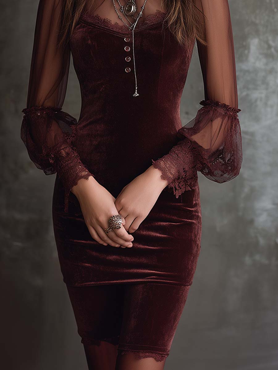 Vintage Lace Cuffs Sheer Sleeves Polyester Velvet Mini Dress