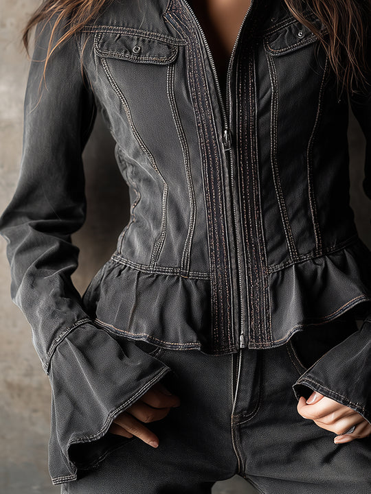 Bohemian Ruffled Hem Slim Fit Washed Denim Jacket