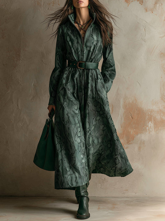 Bohemian Snake Print Polyester Suede Maxi Dress With Belt