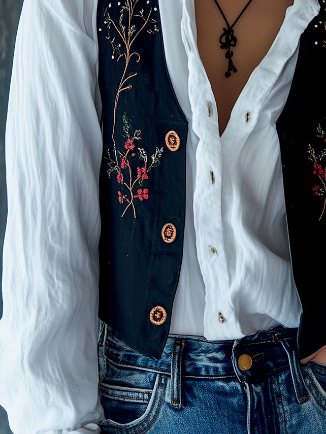 V-neck Floral Embroidery Button Down Vest