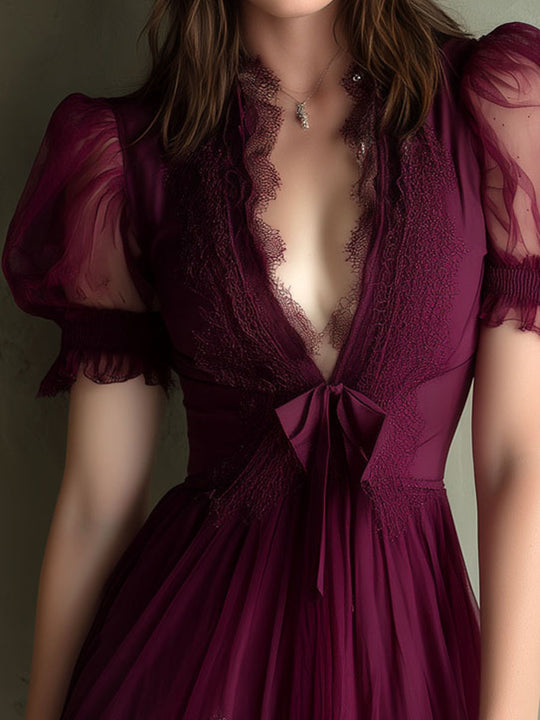 Romantic V-Neck Burgundy Lace And Tulle Bow Mini Dress