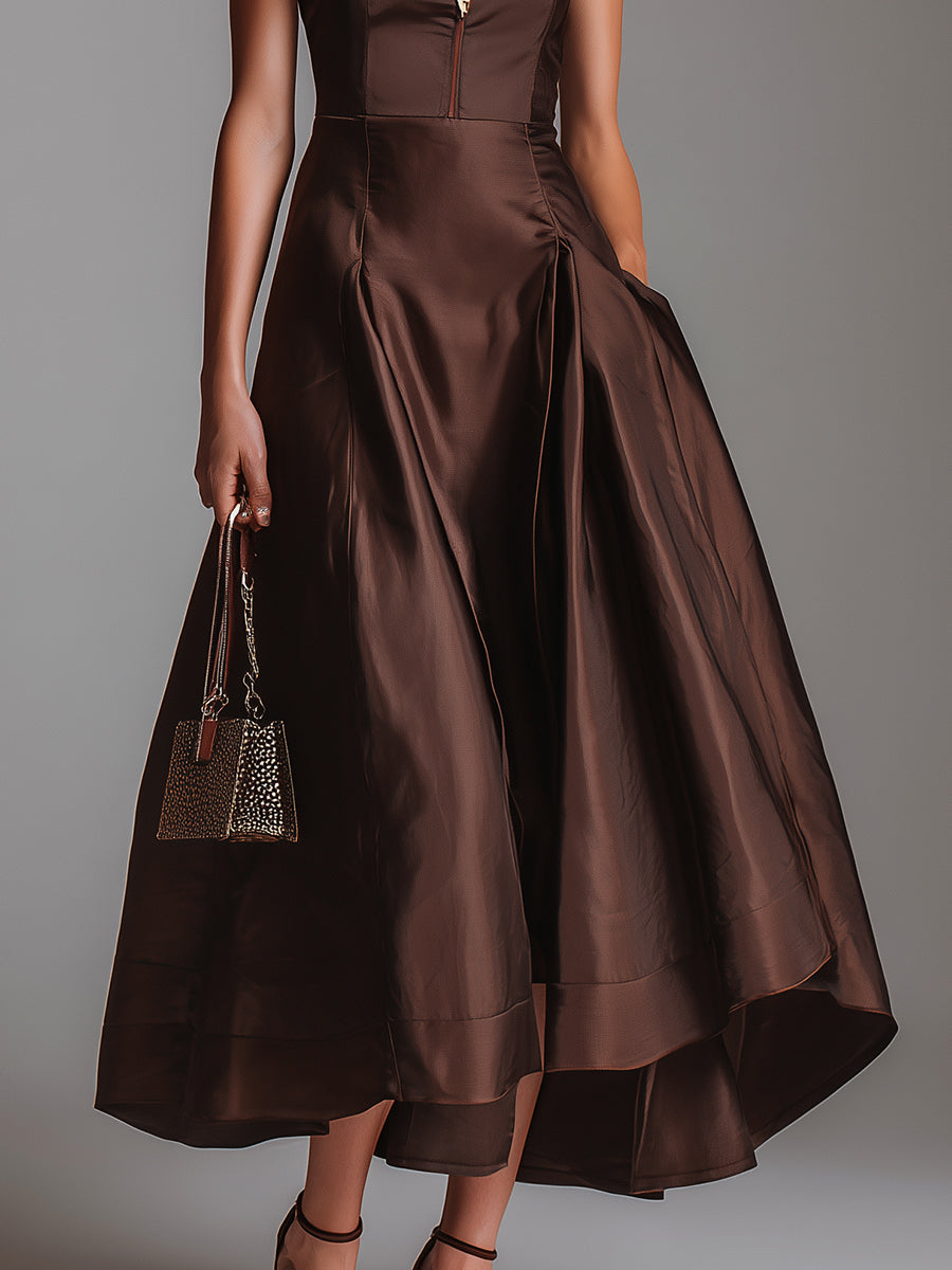 Elegant Shiny Satin And Lace Patchwork Sleeveless Midi Dress