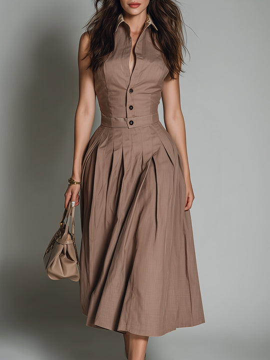 Chic Shirt Collar Sleeveless Pleated Midi Dress