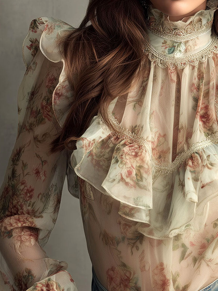 Romantic High-Neck Floral Ruffle Chiffon Blouse