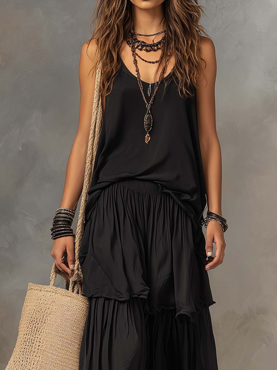 Retro Tank Top And Layered Skirt Two-piece Set