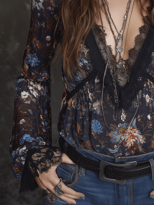 Boho Floral Lace Sheer Bloom Blouse