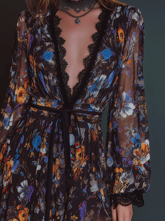 Boho Sheer Romance Midnight Floral Mini Dress