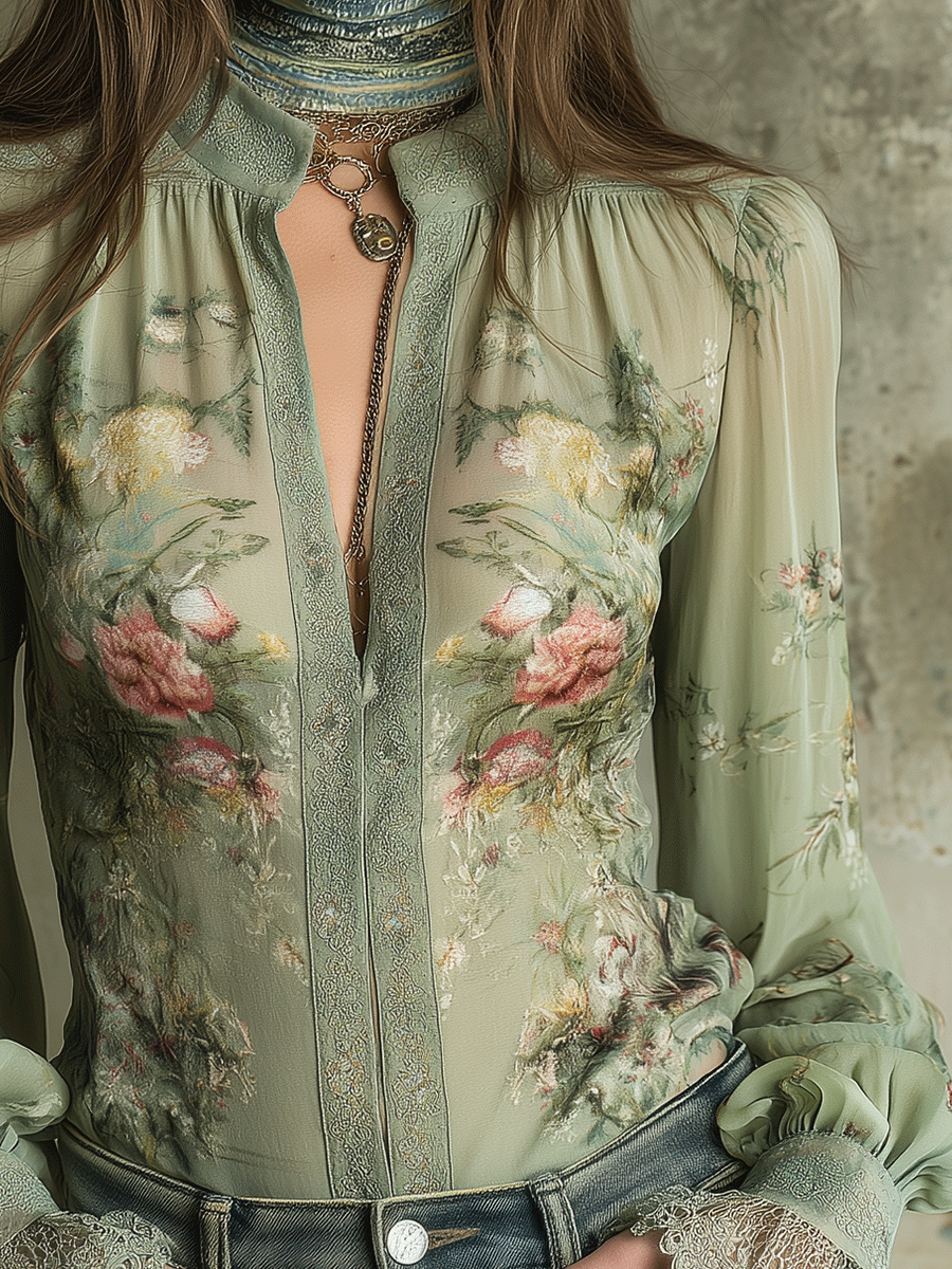 Vintage Boho Mint Chiffon Floral  Lace Cuffs Blouse