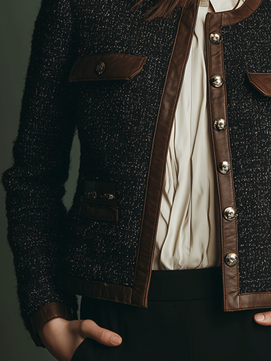 Classic Vintage Leather Trim Tweed Jacket