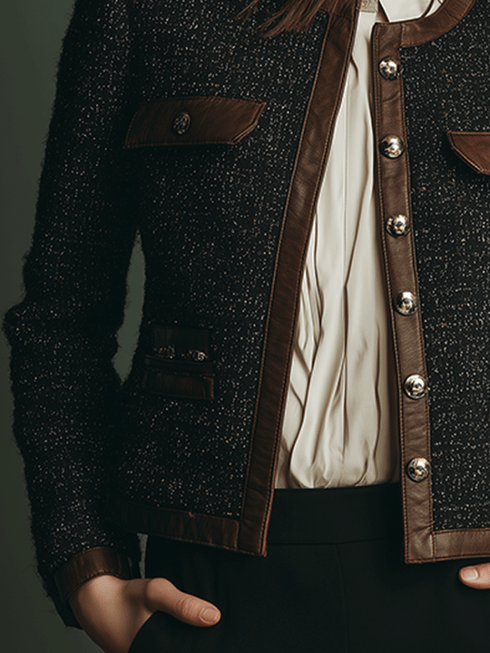 Classic Vintage Leather Trim Tweed Jacket