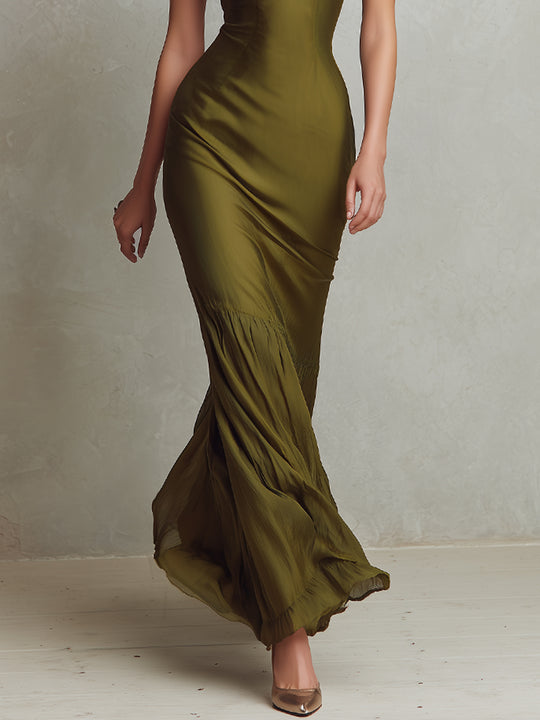 Elegant Satin Stand-up Collar Maxi Dress With Lace