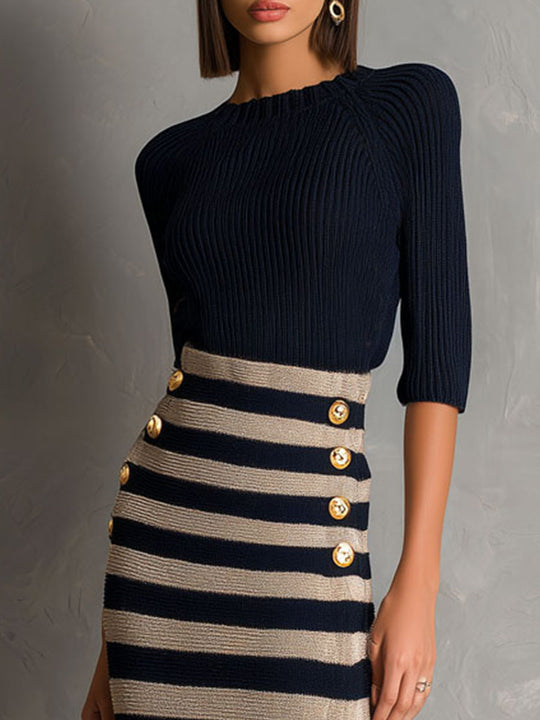 Quiet Luxury Navy & Beige Knit Striped Sweater Top And Midi Skirt Set