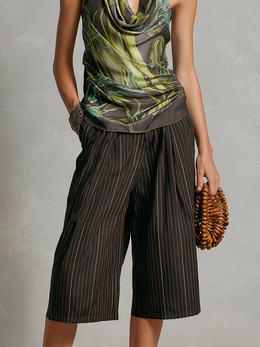 Retro Draped Halter Top & Striped Bermuda Shorts Set