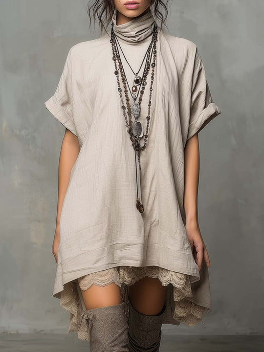 Vintage High-neck Lace-hem Cotton And Linen Mini Dress