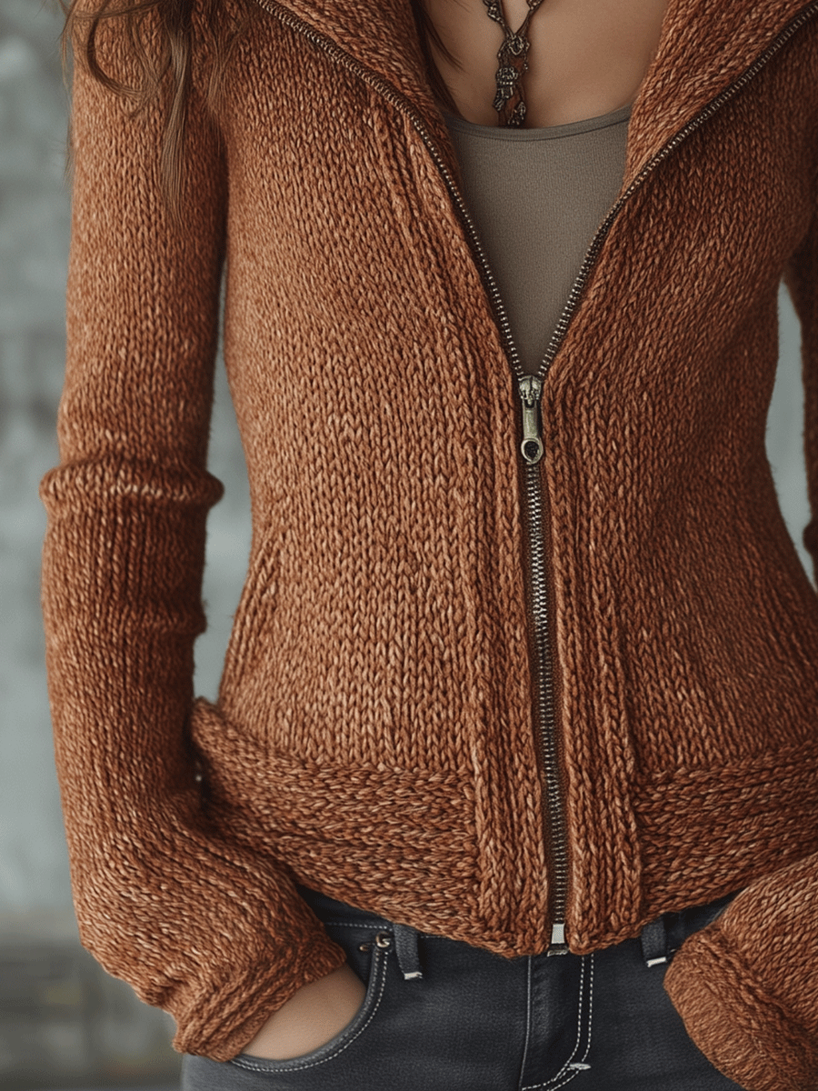 Warm Caramel Zip-Up High Collar Knit Cardigan