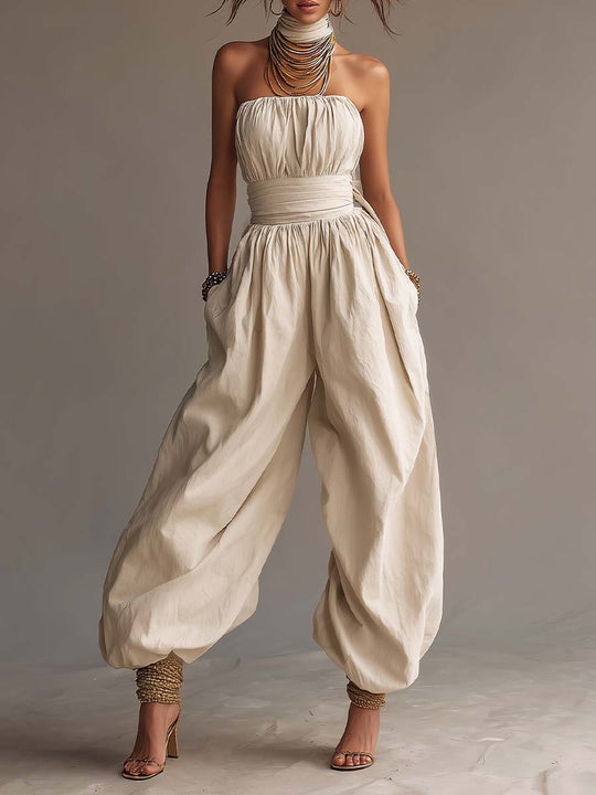 Bohemian Cotton Strapless Balloon-Leg Jumpsuit