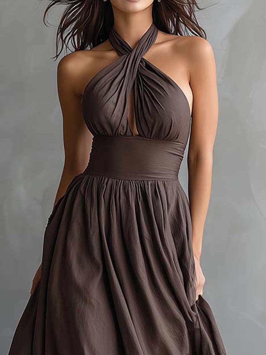 Twist Halter Maxi Dress With Flowing Skirt