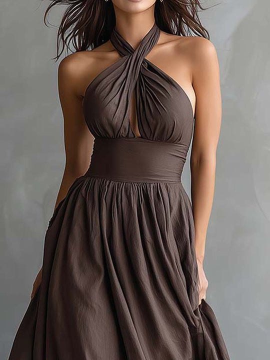 Twist Halter Maxi Dress With Flowing Skirt