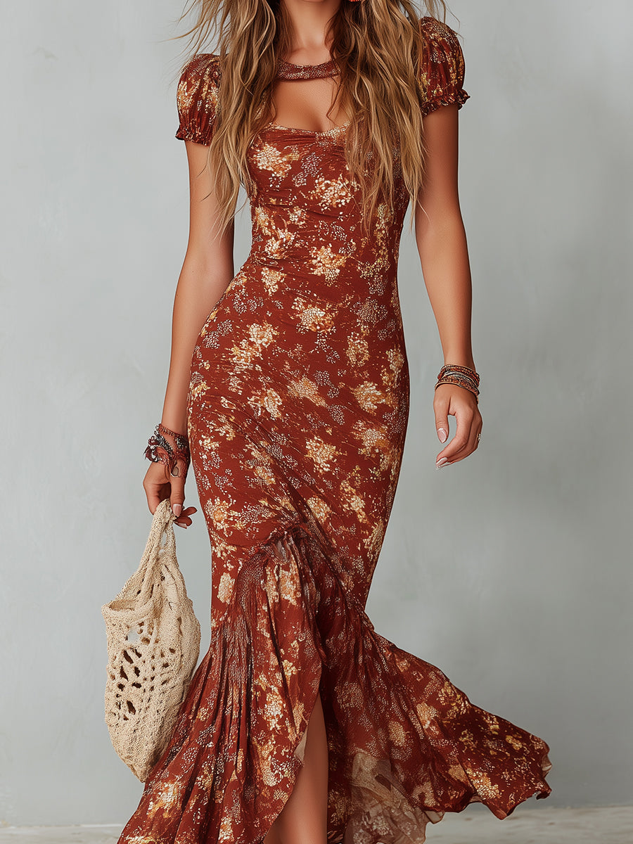 Retro Keyhole Collar Fishtail Hem Printed Maxi Dress