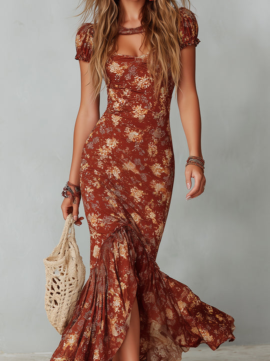Retro Keyhole Collar Fishtail Hem Printed Maxi Dress
