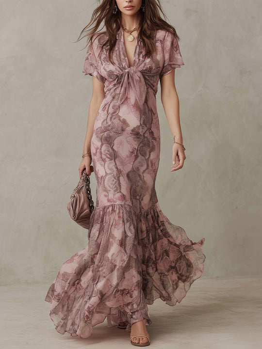 Elegant Dusty Rose Floral Chiffon Maxi Dress