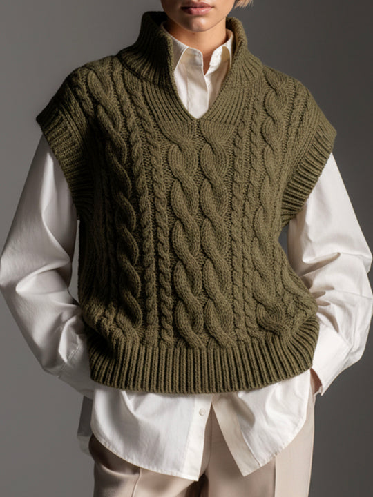 Stand V-neck Olive Green Cable Knit Sleeveless Sweater