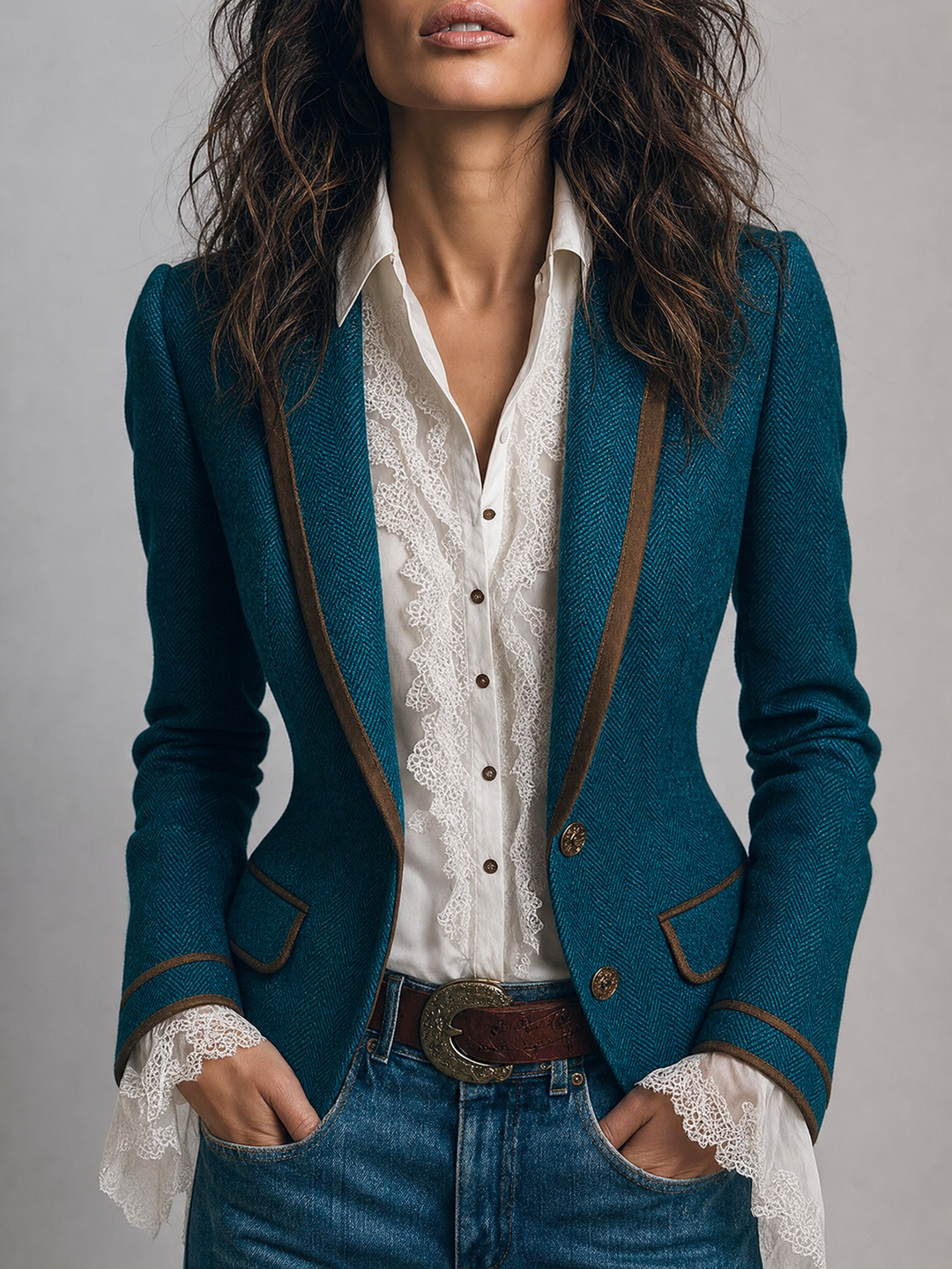 Retro Herringbone Tweed Fitted Blazer with Contrast Trim