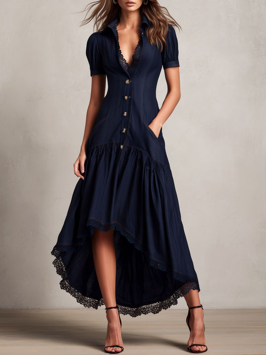 Indigo High-Low Buttons Fit-and-Flare Midi Dress With Lace Trim