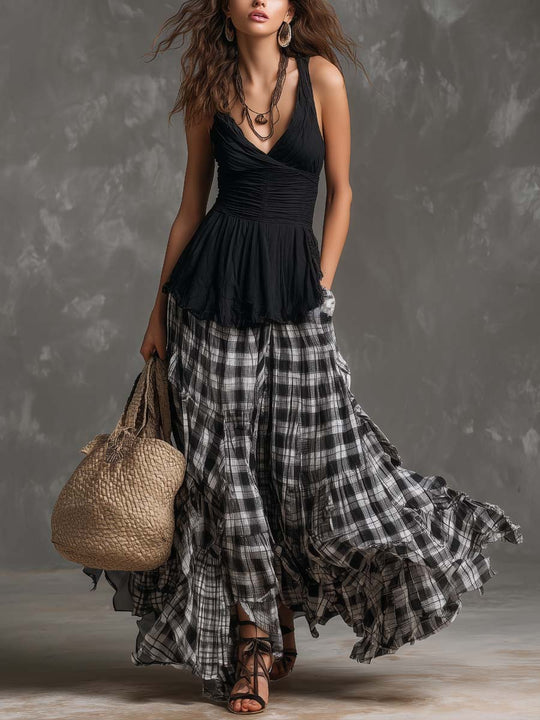 Ruched Tank Top & Plaid Maxi Skirt Two-Piece Set