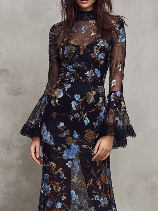 Black Floral Sheer Maxi Dress – Lace-Trimmed Bell Sleeves & High Neck