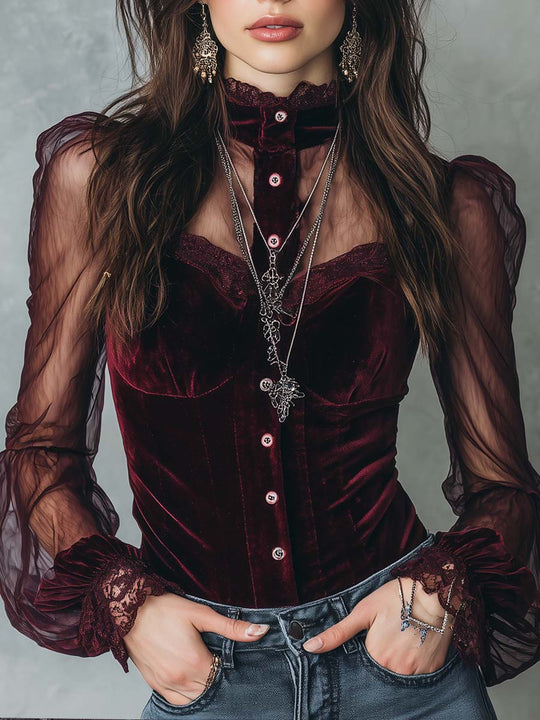 Retro Sheer Sleeves Polyester Velvet Blouse