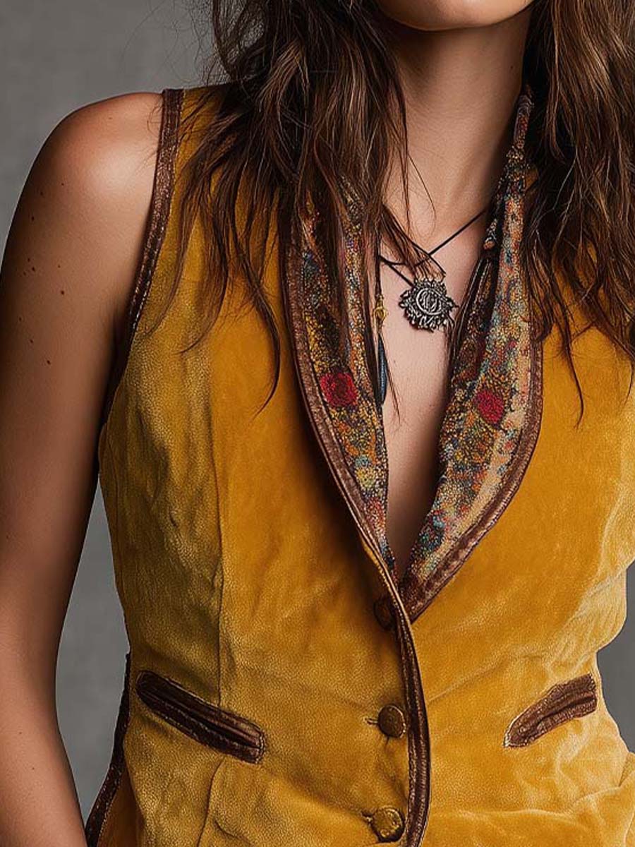 Vintage Velvet Vest With Printed Contrast Lapel