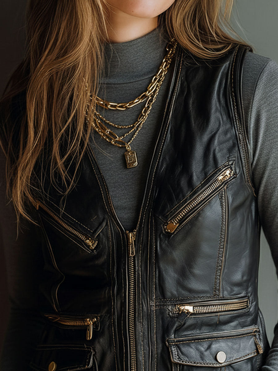 Timeless Rock-Chic Black Leather Utility Vest