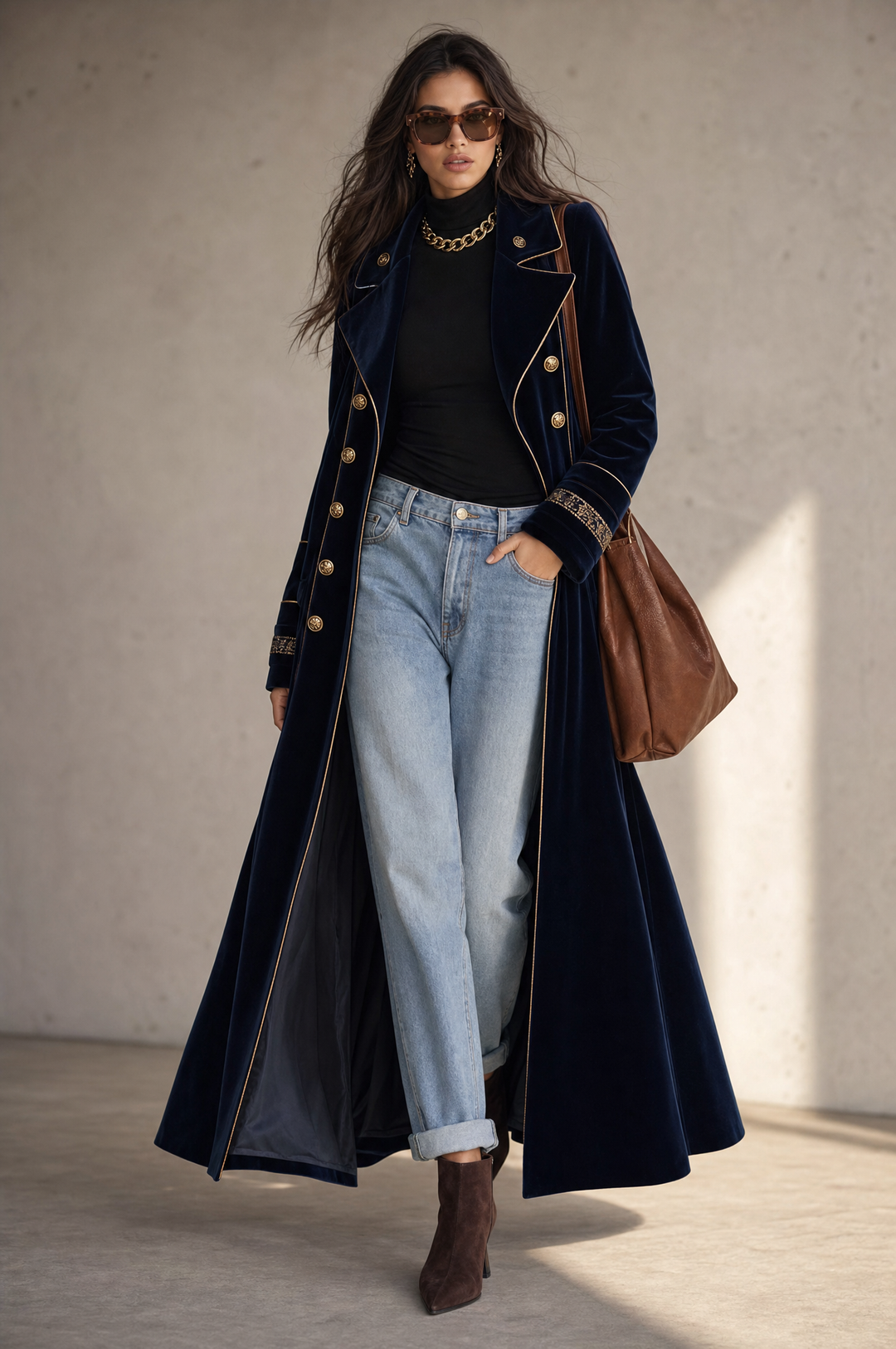 Navy Velvet Cuff Embroidery Double-Breasted Long Coat With Gold Piping