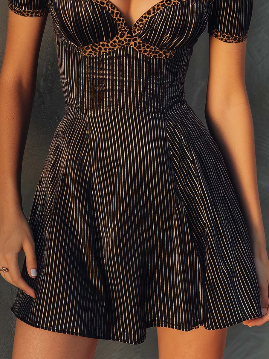 Retro Glam Leopard Trim Pinstripe Mini Dress