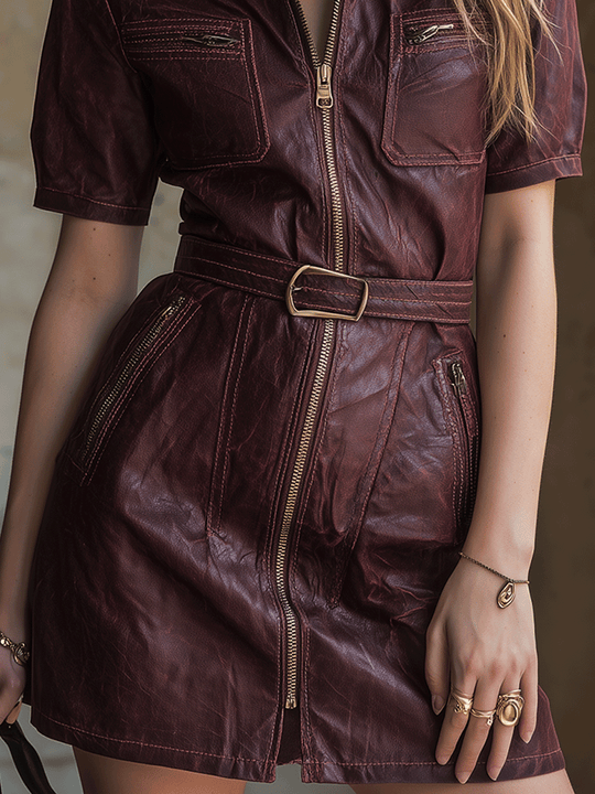 Vintage Burgundy Leather Zip Belt Mini Dress