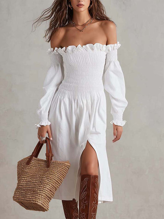 Off-Shoulder Shirred Midi Dress