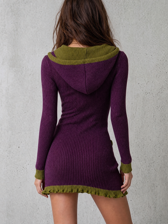 Contrast Trim Ribbed Knit Hooded Mini Dress
