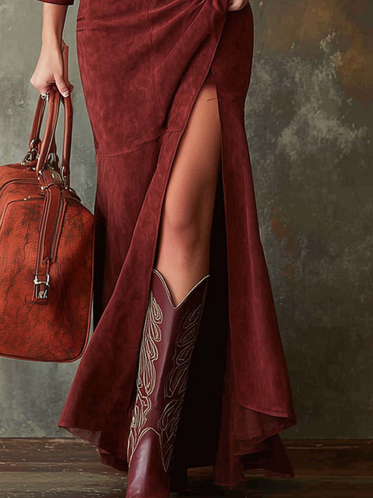 Retro-style Split Hem Polyester Suede Maxi Dress