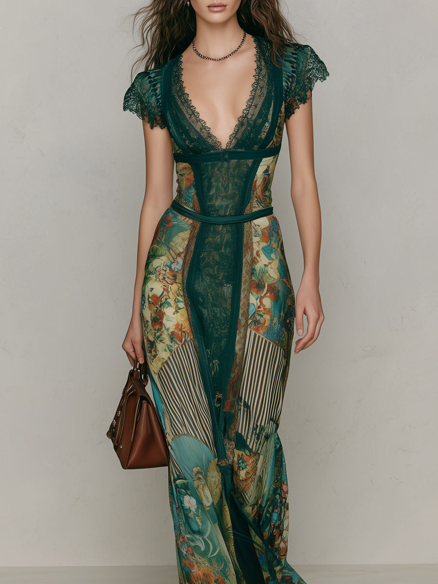 Boho Print Lace Trim Ethnic Print Maxi Dress