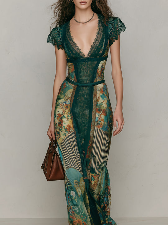 Boho Print Lace Trim Ethnic Print Maxi Dress