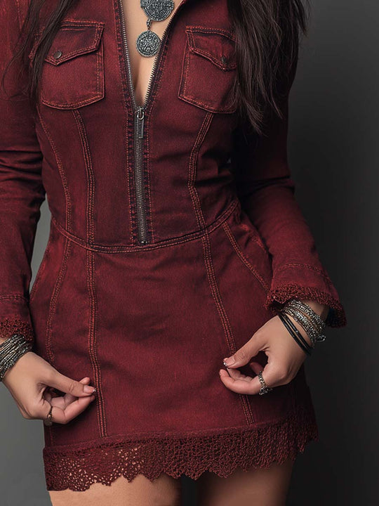 Retro Zip-up Collar Lace Hem Denim Mini Dress