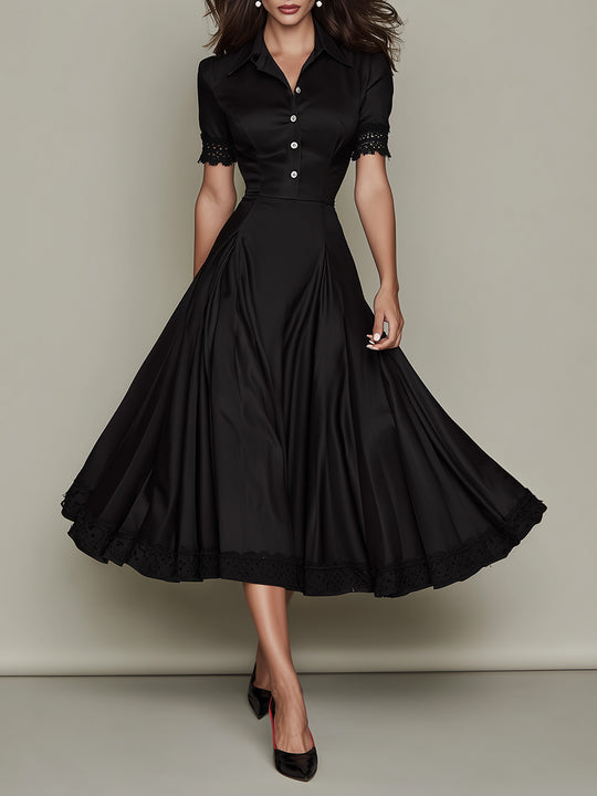 Elegant Satin Shirt Collar Midi Dress With Lace