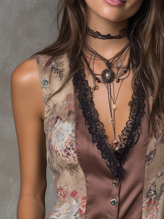 Retro Floral Color Block Polyester Satin Vest